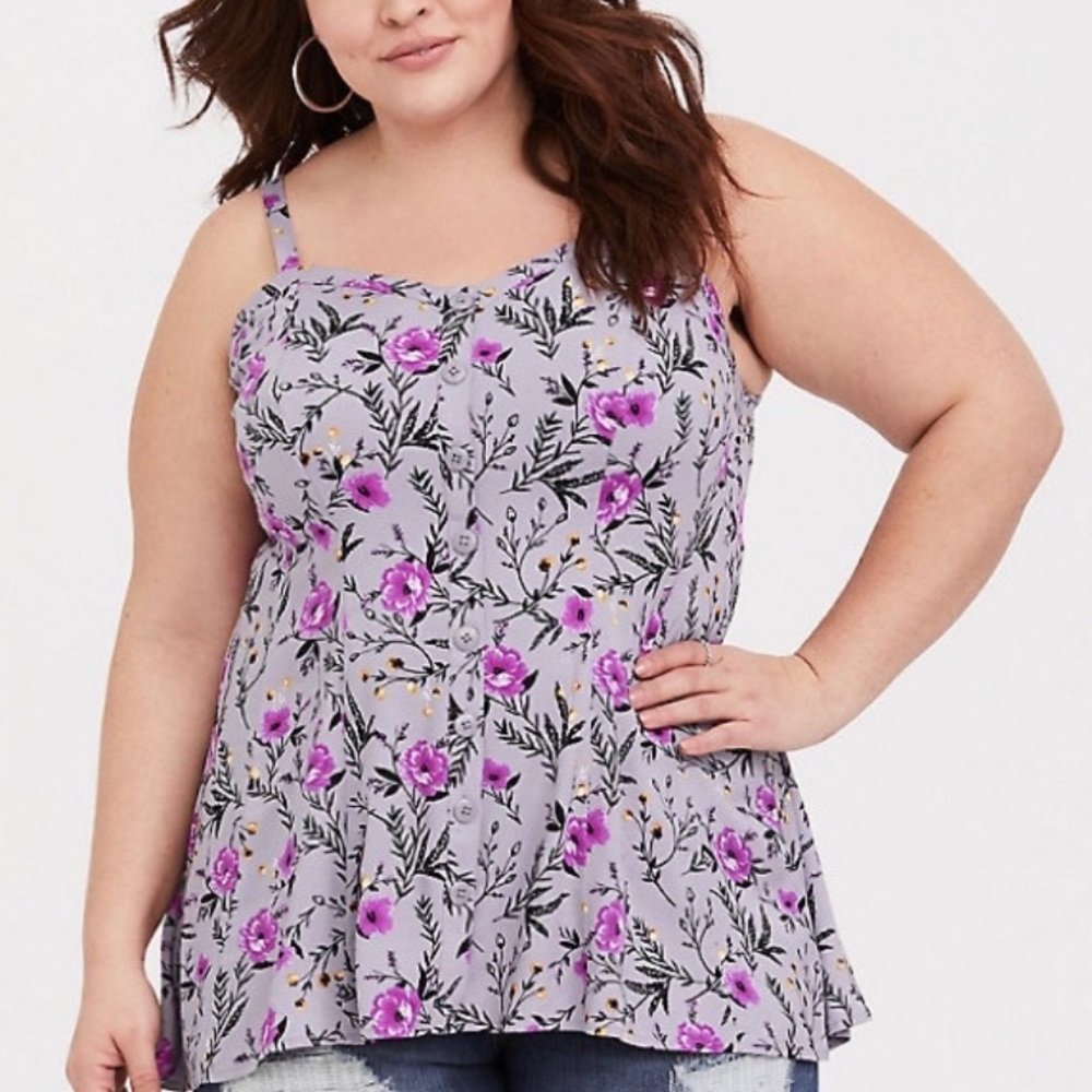Torrid Floral Challis Button Cami Blouse Purple Flower Spaghetti Strap Tank